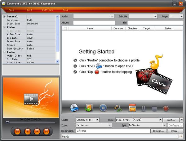 Click to view 3herosoft DVD to DivX Converter 3.9.6.0613 screenshot