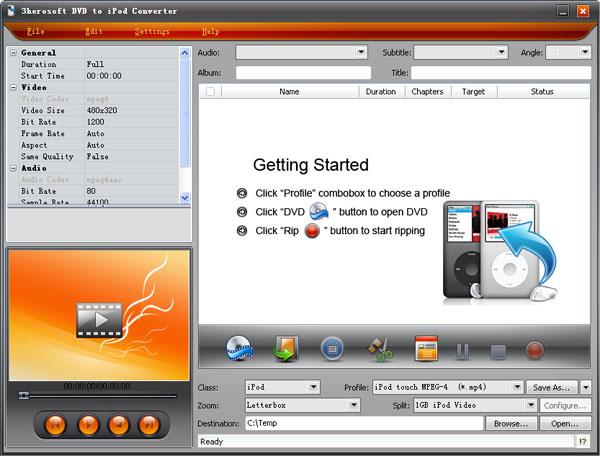 Click to view 3herosoft DVD to iPod Converter 3.9.7.0615 screenshot