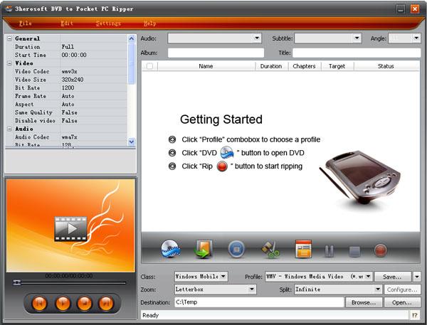 Click to view 3herosoft DVD to Pocket PC Ripper 3.9.4.0508 screenshot