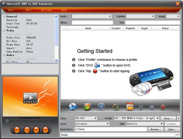 It can easily and fast convert DVD to PSP video format MP4 and PSP audio MP3.
