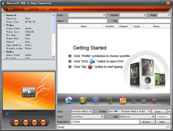 Click to view 3herosoft DVD to Zune Converter 3.9.4.0508 screenshot