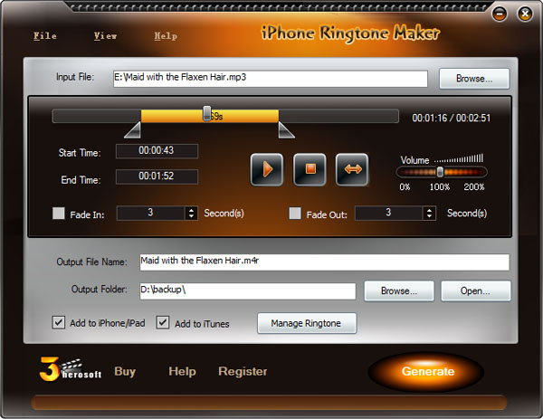 Click to view 3herosoft iPhone Ringtone Maker 1.3.5.0607 screenshot