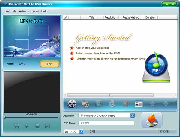 Click to view 3herosoft MP4 to DVD Burner 4.1.1.0618 screenshot