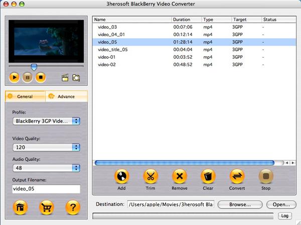3herosoft BlackBerry Video Converter for Mac screenshot