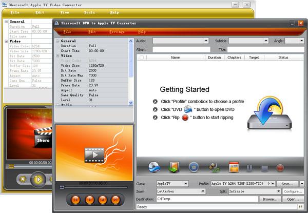 More screenshots of 3herosoft DVD to Apple TV Suite.